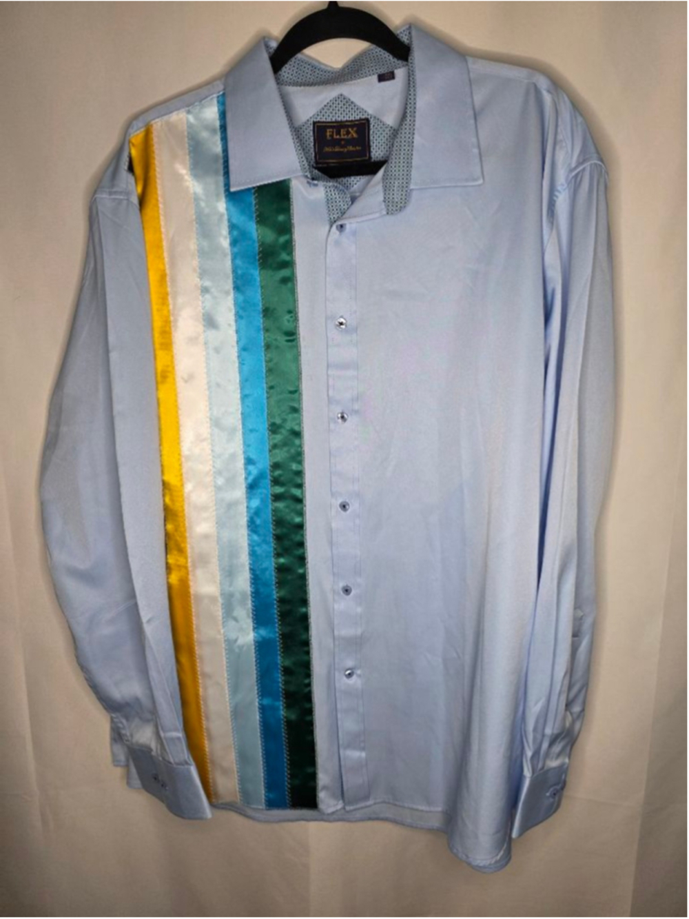 Men's FLEX Light Blue Casual Button Down Shirt XXL with Multi-color Ribbons